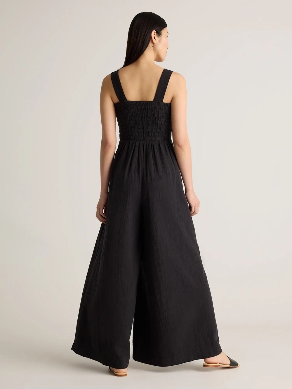 Quince NWT Black 100% Organic Cotton Gauze Smocked Wide Leg Jumpsuit - Picture 2 of 7